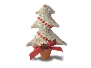 Albero di Natale di salame in un vasetto, decorato con un fiocco rosso, un campanello, e strass rossi