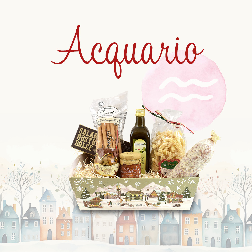 Cesto natalizio contenente prodotti alimentari in una confezione decorata e la scritta "Acquario"