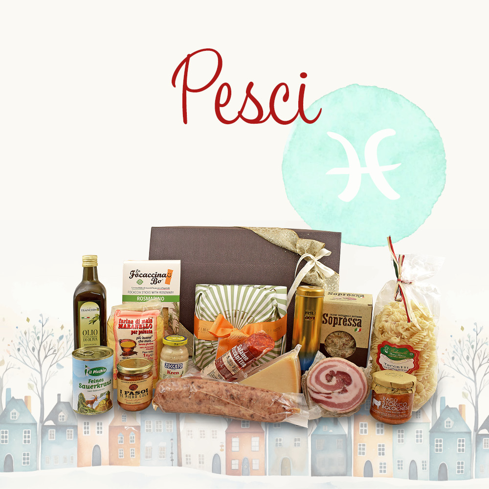 Cesto natalizio contenente prodotti alimentari in una confezione decorata e la scritta "Pesci"