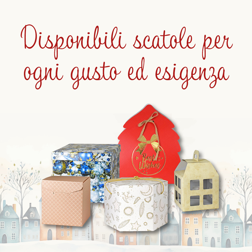 Composizione di scatole natalizie e la scritta "Disponibili scatole per ogni gusto ed esigenza"