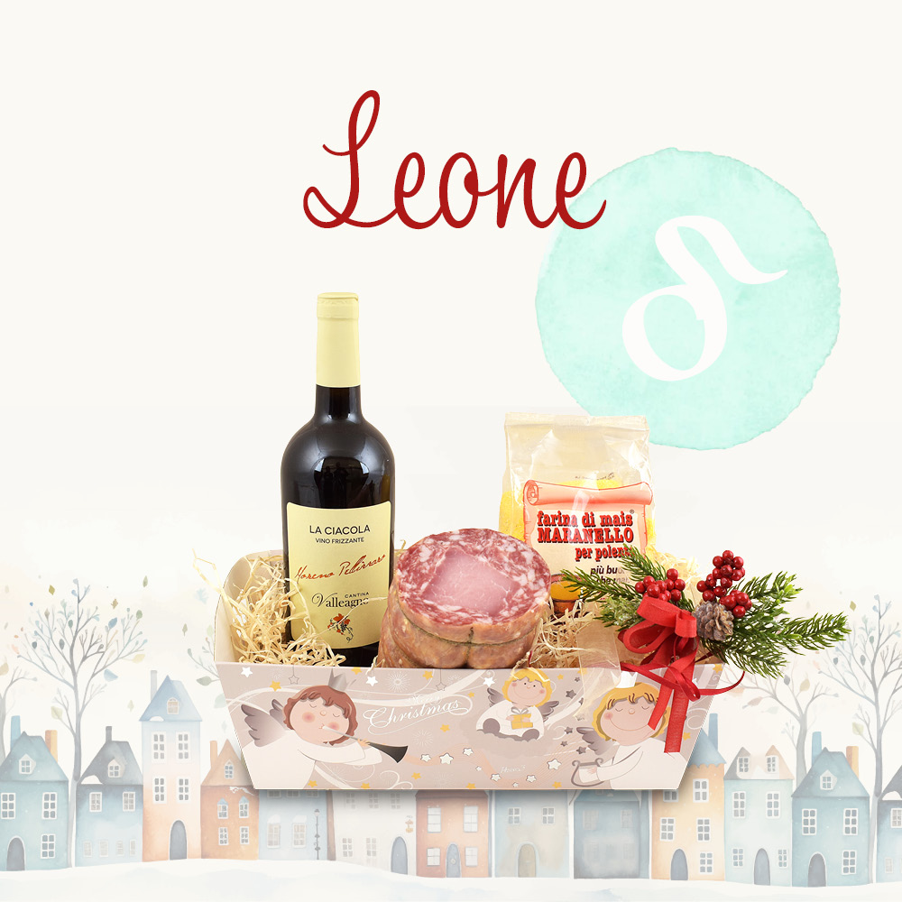 Cesto natalizio contenente prodotti alimentari in una confezione decorata e la scritta "Leone"