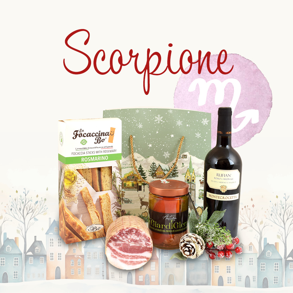 Cesto natalizio contenente prodotti alimentari in una confezione decorata e la scritta "Scorpione"