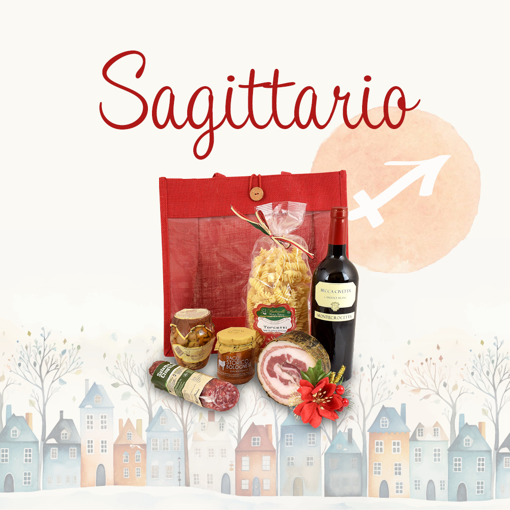 Cesto natalizio contenente prodotti alimentari in una confezione decorata e la scritta "Sagittario"
