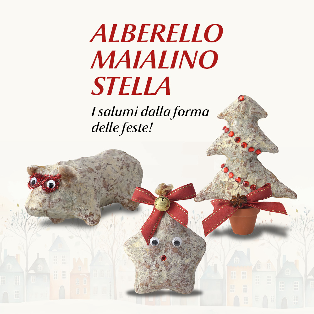 Tre salami a forma di maialino, stella e albero di Natale, decorati con nastri rossi
